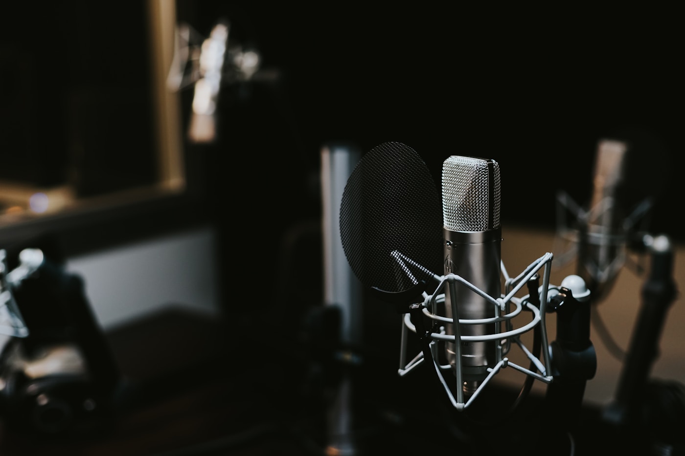 Studio condenser microphone on a shock mount, standing in for the published audio under review